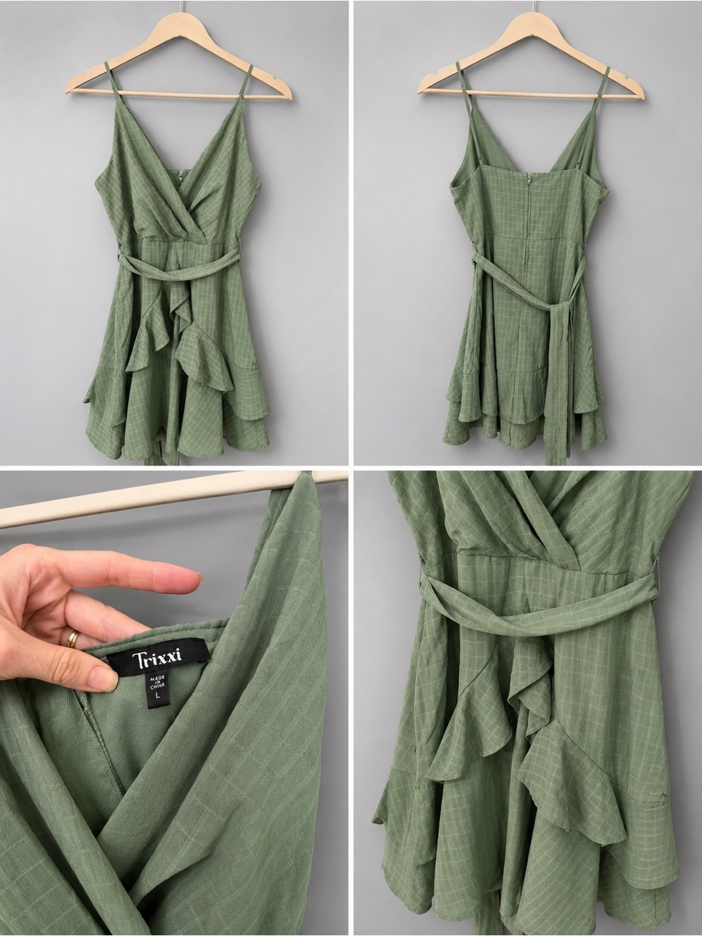 Trixxi Sage Green Wrap Ruffle Mini Dress
